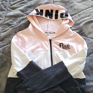 Pink zip up sweater. large. Pink,white and grey